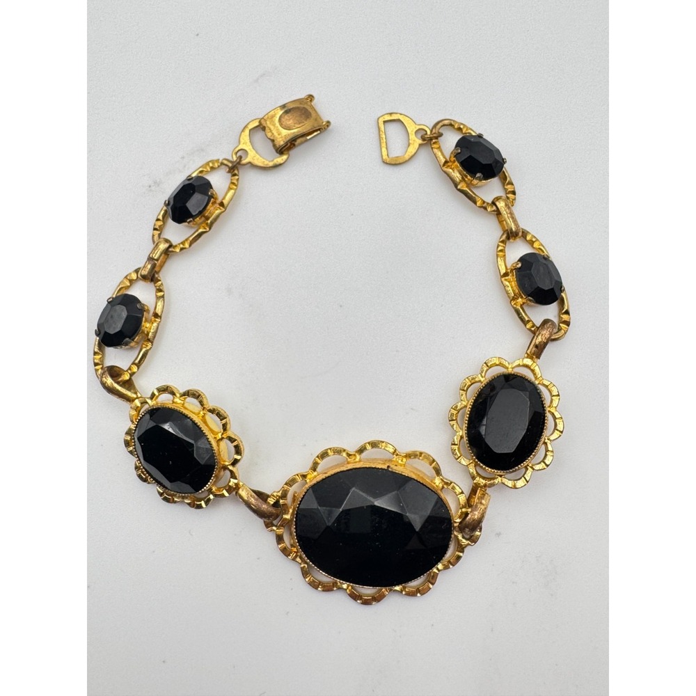 Vintage  Victorian Revival Bracelet Black Faceted Graduated Scalloped Link